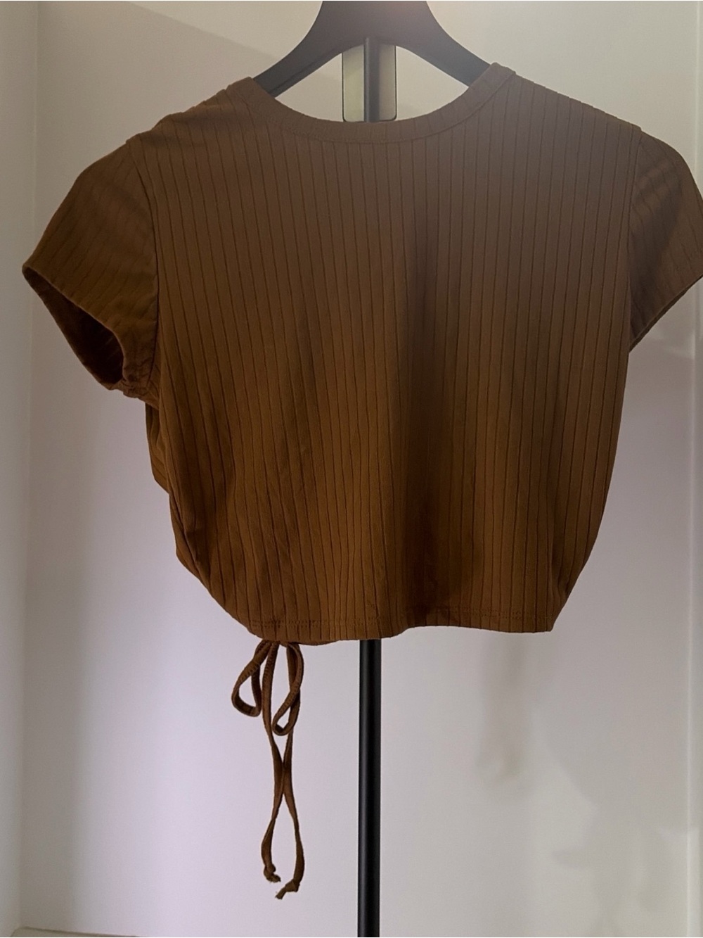 Ribbed Brown Drawstring Crop Tee